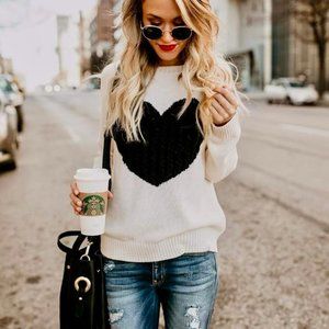 New shermie Women's Pullover Sweater Crewneck Cream w/ Black Cable Knitted Heart